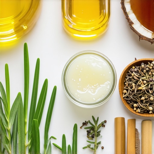 Natural ingredients for homemade foot lotion Close-up of coconut oil, honey, and herbs used in natural foot lotion
