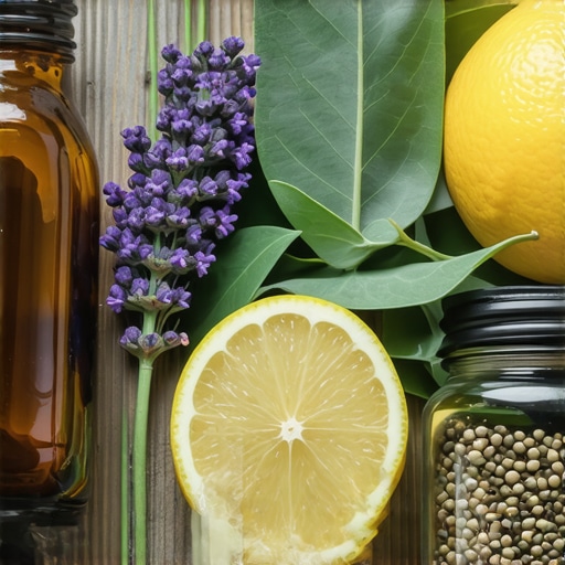 Natural ingredients for mosquito repellent Lavender, eucalyptus, citrus fruits used in homemade mosquito repellent preparation