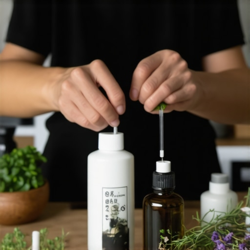 Natural insect repellent preparation Person preparing homemade insect repellent with herbs and essential oils in a kitchen