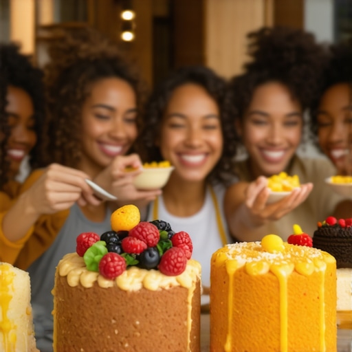 People tasting healthy homemade cakes in a bright kitchen