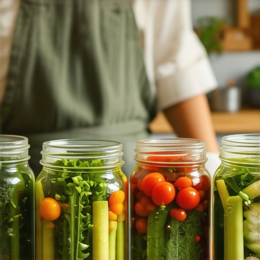 Rustic kitchen with home-canned jars Woman filling jars with vegetables in rustic kitchen
