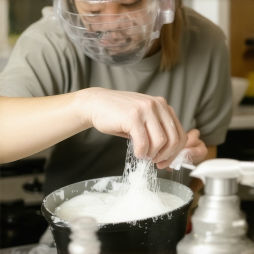 Osoba pravi sapun uz zaštitnu opremu u kuhinji