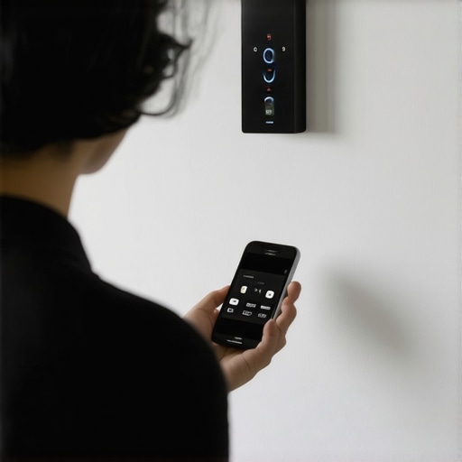 Smart Home Security System Interaction Person using a smartphone to control home security system