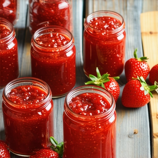 Traditional Strawberry Jam Jars Vintage jars of homemade strawberry jam on rustic table
