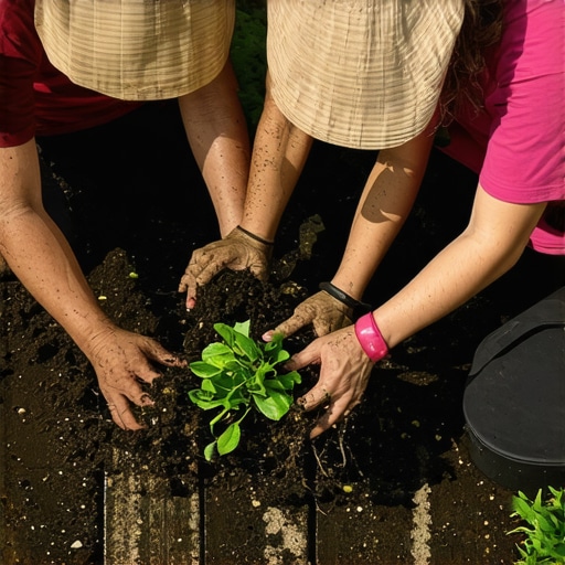 Urban gardeners creating eco-friendly fertilizer Group of people preparing natural fertilizer from kitchen scraps in an urban setting