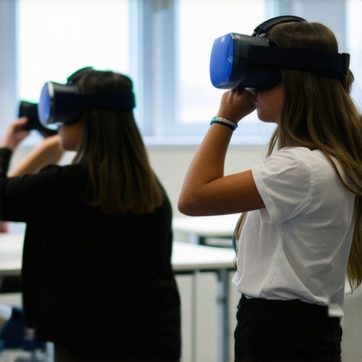 Virtual Reality in Education Students using VR headsets in a virtual classroom environment