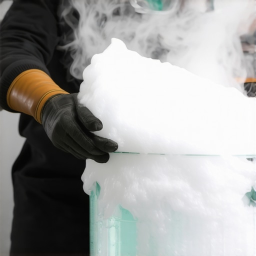 Osoba sa zaštitnim rukavicama drži suvi led iznad vode dok nastaje gusta bela magla.