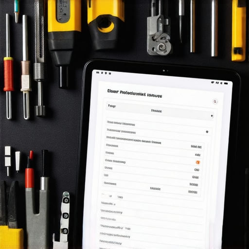 Tablet sa aplikacijom za ankete pored radnog alata u radionici