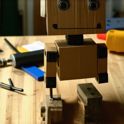 A creative robot made from recycled cardboard boxes in a DIY workshop setting.