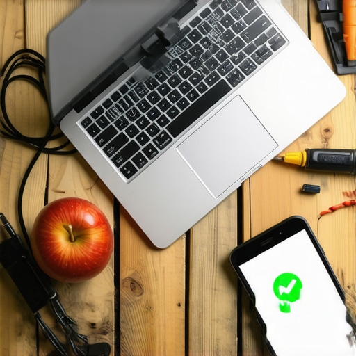 Laptop and smartphone on a wooden table set up for a DIY online quiz night with workshop tools around.