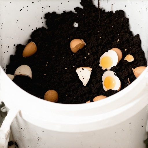 Unutrašnjost kućne kante za kompost sa tamnom zemljom i ljuskama jaja