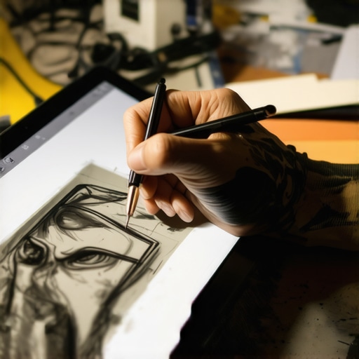 Ruka crta 2D animaciju na tabletu sa vidljivim lejerima i alatima