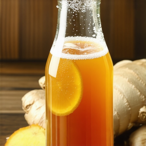 Domaća kombuha sa đumbirom u staklenoj flaši Gazirana domaća kombuha sa komadićima đumbira u swing-top flaši