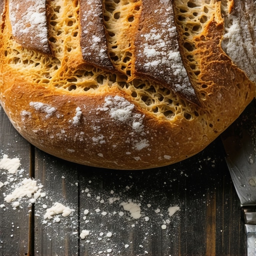 Sveže pečen domaći hleb bez kvasca sa hrskavom koricom na tamnoj drvenoj podlozi