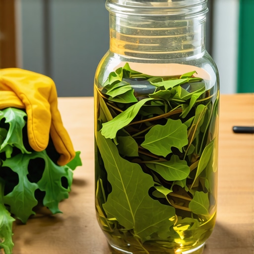 Staklena tegla sa seckanim listovima bršljana i uljem na drvenom stolu