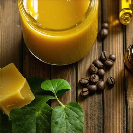 Domaći melem od pčelinjeg voska i zelene kafe na drvenom stolu