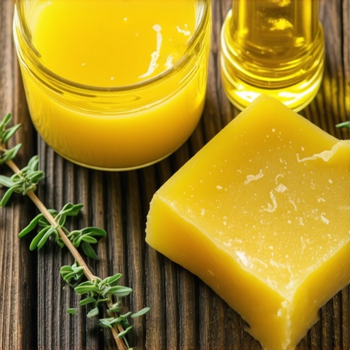 Domaći melem za urasle nokte i prirodni sastojci Teglica domaćeg žutog melema sa pčelinjim voskom i maslinovim uljem na drvenom stolu