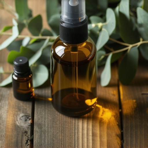 Tamna staklena flašica sa prirodnim repelentom protiv krpelja na drvenom stolu