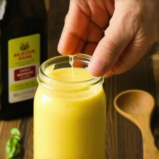 Ručno mućkanje preliva za salatu u staklenoj tegli na drvenoj podlozi