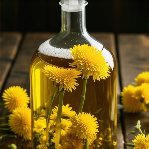 Fermentacija domaćeg vina od maslačka u staklenom balonu Stakleni balon sa vinom od maslačka na drvenom stolu tokom procesa fermentacije