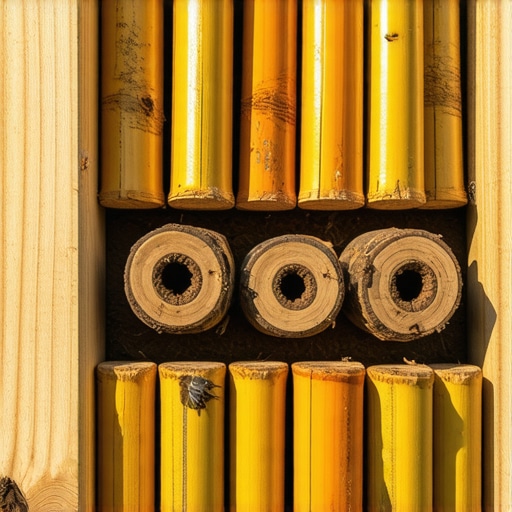 Close-up of a DIY insect hotel with bamboo tubes and cedar wood blocks showing occupied nesting holes
