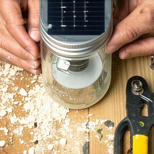 Ručna izrada solarne lampe od stare tegle na drvenom radnom stolu