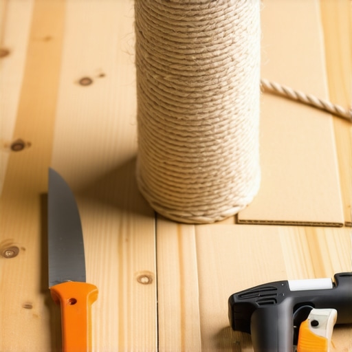 Ručno rađena grebalica za mačke od sisal kanapa i kartona na radnom stolu