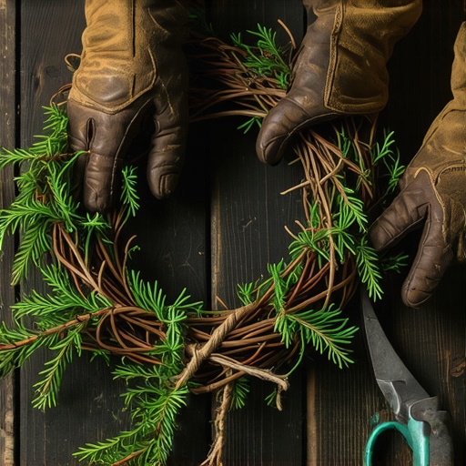 Rukom rađeni venac od borovih grana na drvenom stolu