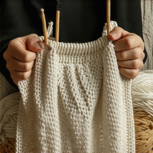 Pletenje neuništive pamučne torbe Ruke majstora pletu ceger od pamučne trake sa debelim drvenim iglama