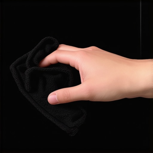 Osoba čisti TV ekran crnom mikrofiber krpom bez ostavljanja tragova