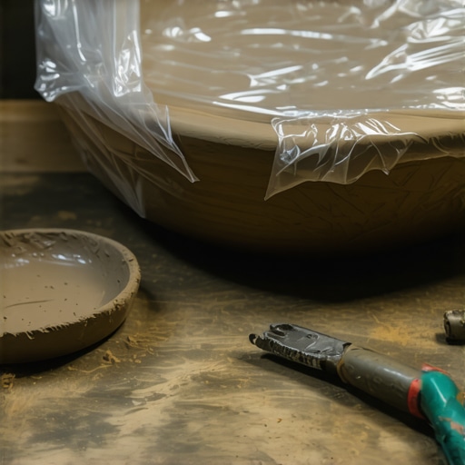 Pravilno sušenje gline pod plastičnim šatorom Skulptura od gline prekrivena plastikom radi sporog sušenja u radionici