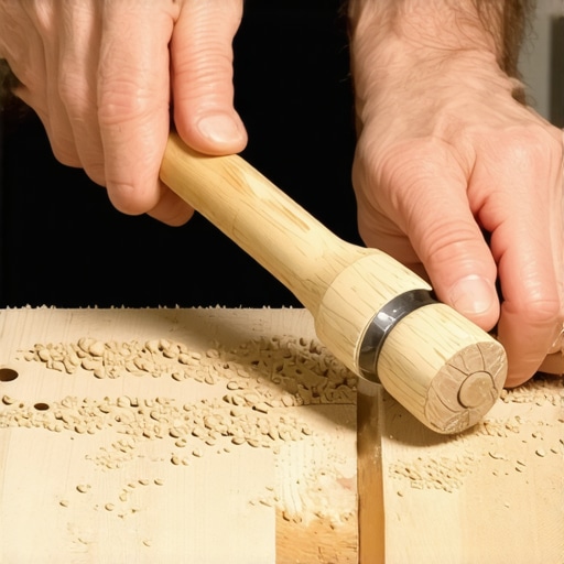 Detaljan prikaz ulaska drvenog tipla u rupu na hrastovoj dasci