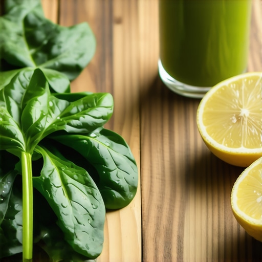 Svež zeleni sok od spanaća i limuna na drvenom stolu