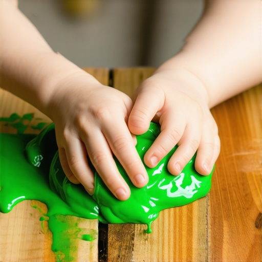 Ruke deteta koje mese zeleni domaći slajm od prirodnih sastojaka
