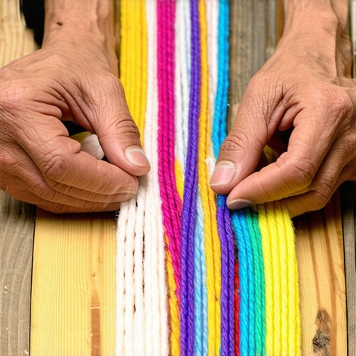 Proces pletenja igračke za psa od tekstila Ruke koje pletu trake od starih pamučnih majica na drvenom stolu