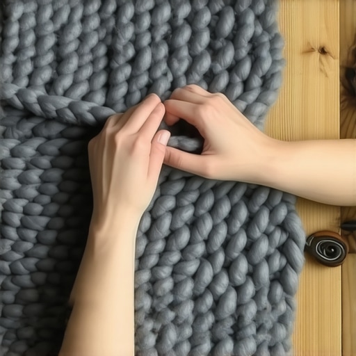 Ruke koje pletu veliko ćebe od sive merino vune na drvenom stolu