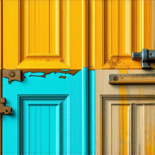 Stara drvena vrata polovično obrušena prikazuju kontrast između stare boje i prirodnog drveta u DIY radionici