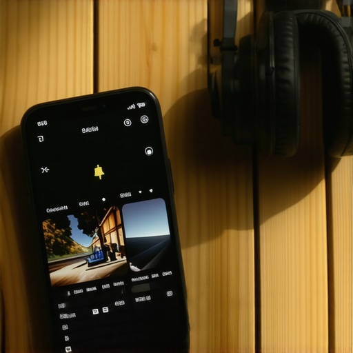 Smartphone displaying professional video editing software on a workbench with headphones and cooling gear.