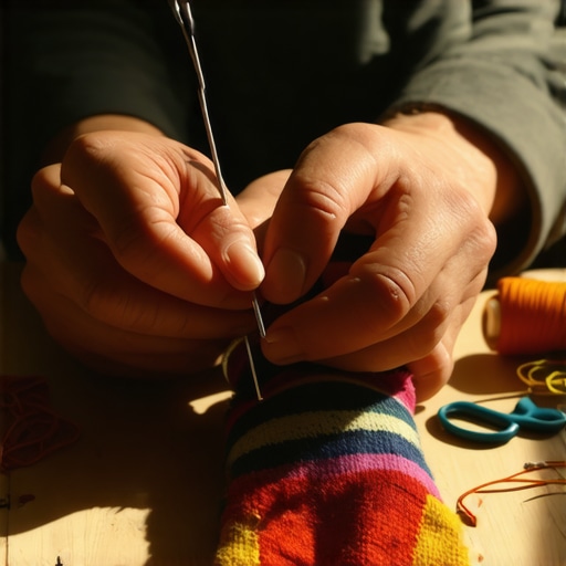 Detaljan prikaz šivenja plišane igračke od reciklirane čarape na radnom stolu