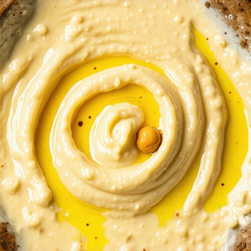 Kremasti domaći humus sa maslinovim uljem u keramičkoj posudi