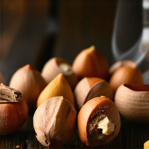 Savršeno pečeni lešnici za posne kolače Krupni plan pečenih lešnika na drvenom stolu u rustičnoj kuhinji