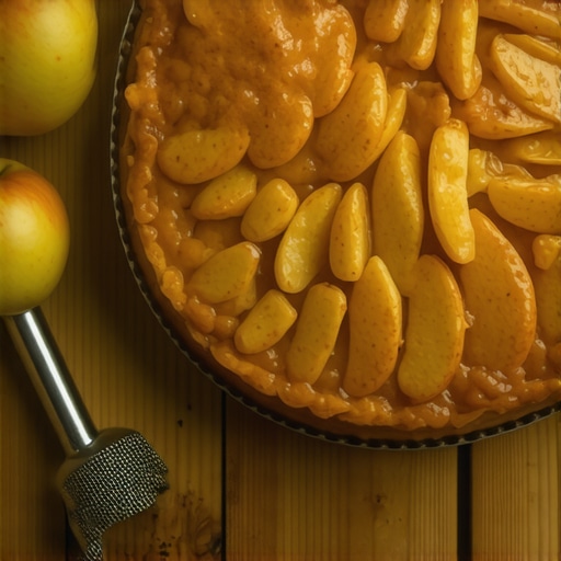 Sočni posni kolač iz radionice Close up of a moist apple cake with gritty workshop aesthetic