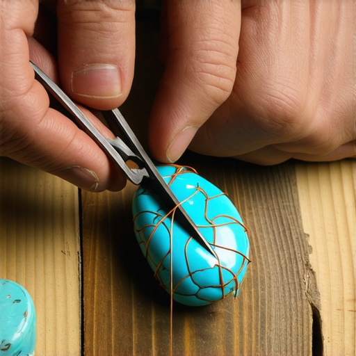 Detaljan prikaz pletenja bakarne žice oko poludragog kamena kleštima na drvenom stolu.