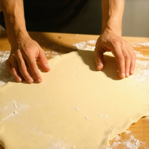 Ruke pekara koje razvlače tanko domaće testo za pitu na drvenom stolu