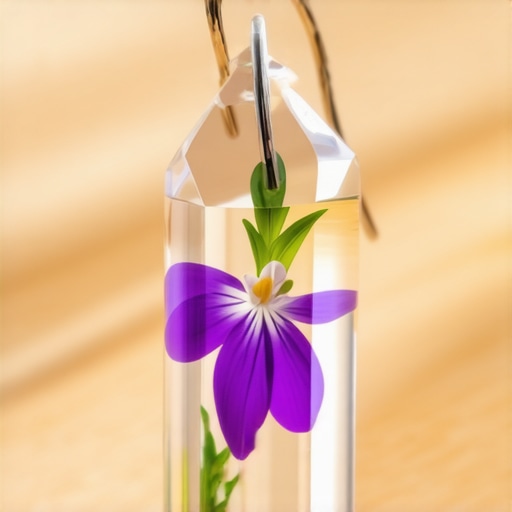 Unikatna naušnica sa sušenim cvećem u smoli Detaljan prikaz ručno rađene naušnice sa ljubičastim cvetom u prozirnoj epoksidnoj smoli