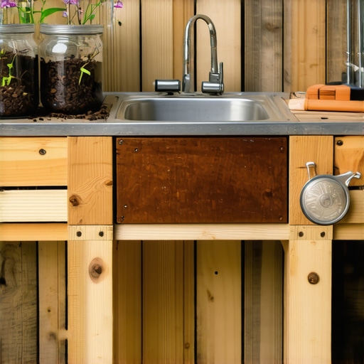 Detaljan prikaz DIY blatne kuhinje napravljene od paleta sa starim sudoperom za igru dece u dvoristu