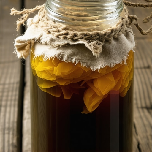 Zdrav SCOBY u procesu fermentacije Domaći SCOBY u staklenoj tegli sa čajem