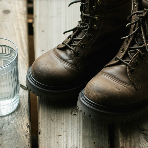 Alati za prirodno mršavljenje u 2026. Radne čizme i čaša vode na stolu prikazuju disciplinu i hidrataciju.