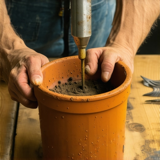 Majstor buši rupu na dnu keramičke saksije radi bolje drenaže