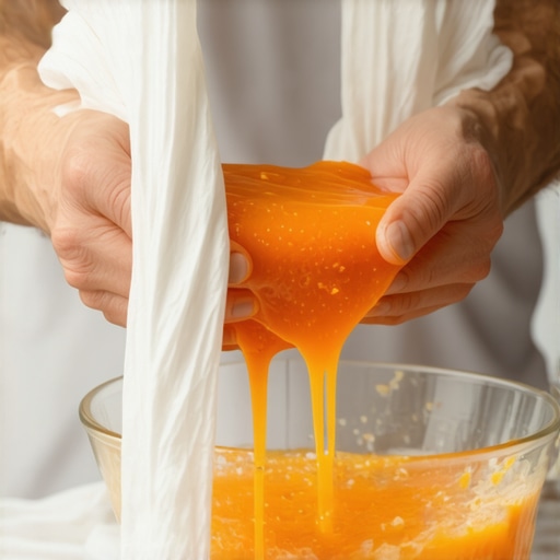Ručno ceđenje soka od šargarepe i jabuke pomoću pamučne krpe bez sokovnika
